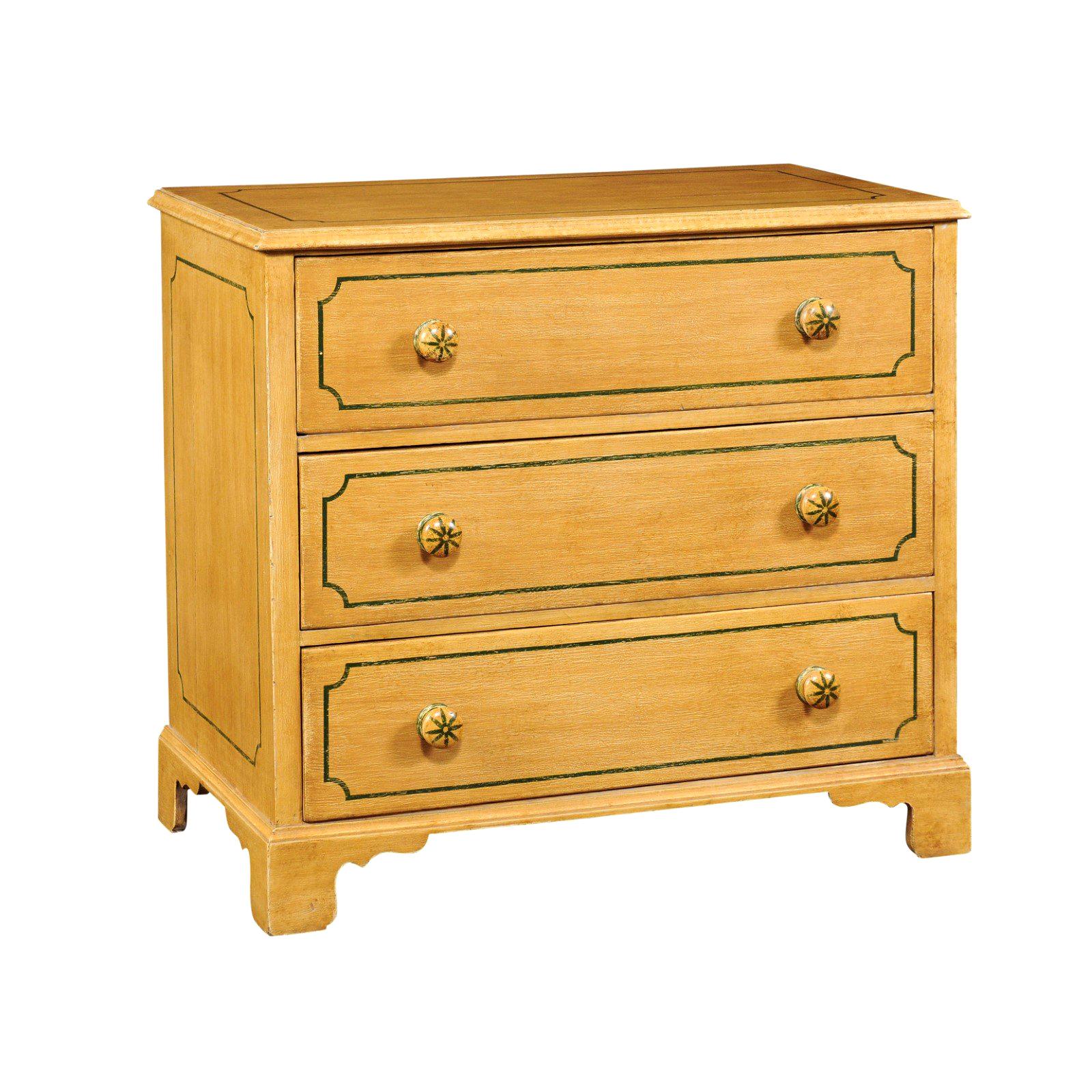 English 1950s Vintage Painted Three-Drawer Commode with Yellow Painted Finish