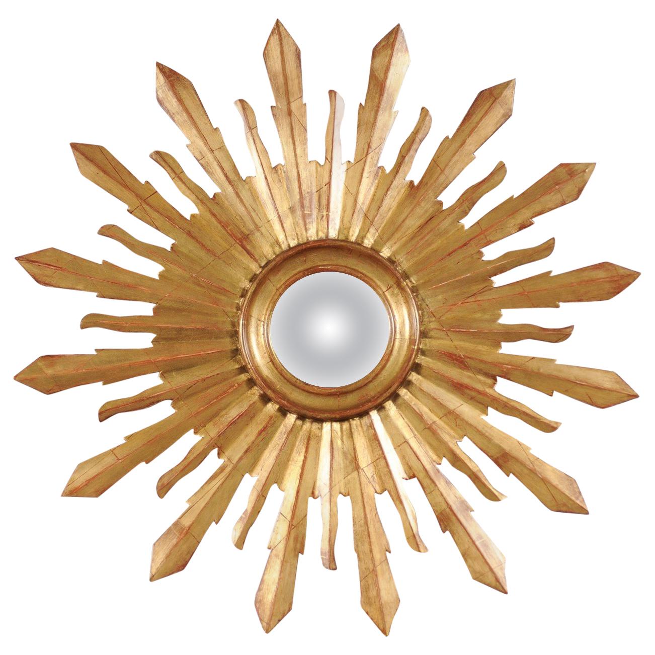 Large Vintage French Midcentury Sunburst with Small Convex Mirror Plate For Sale