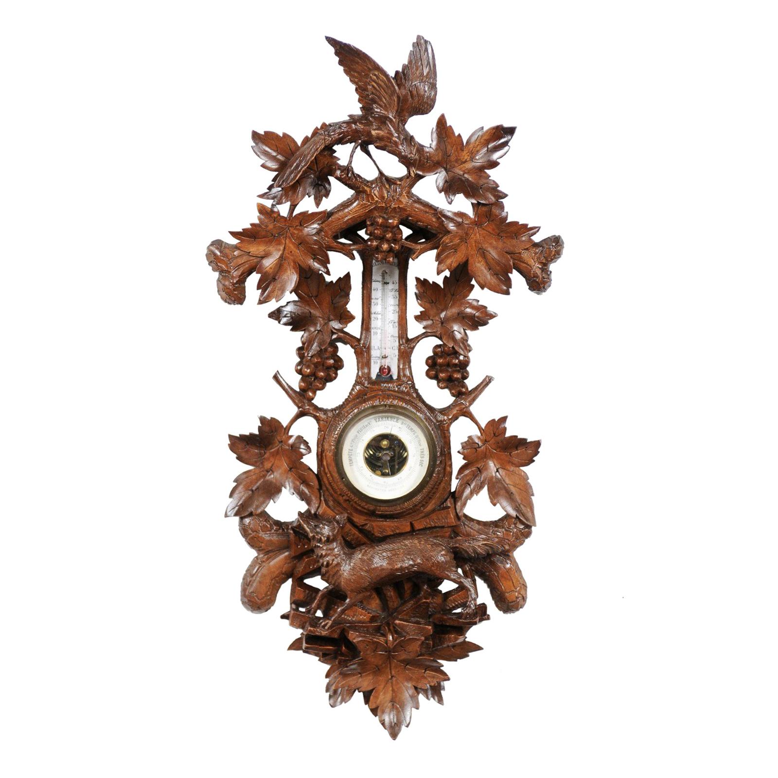 Black Forest 1920s Carved Aneroid Barometer with Foliage, Bird and Fox Motifs For Sale