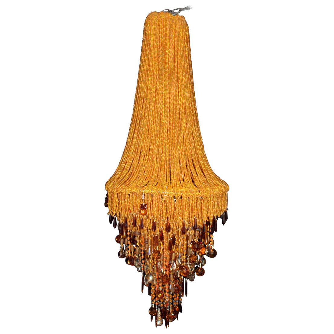 Tall Contemporary Amber Bead and Crystal Chandelier For Sale