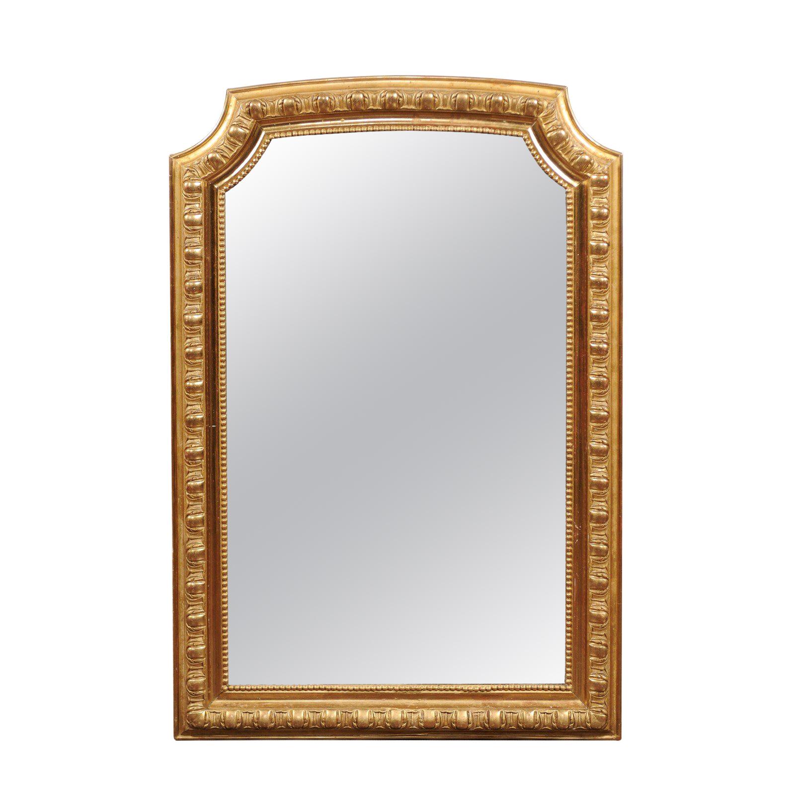 French Giltwood Wall Mirror with Carved Frame and Beaded Motifs, circa 1900