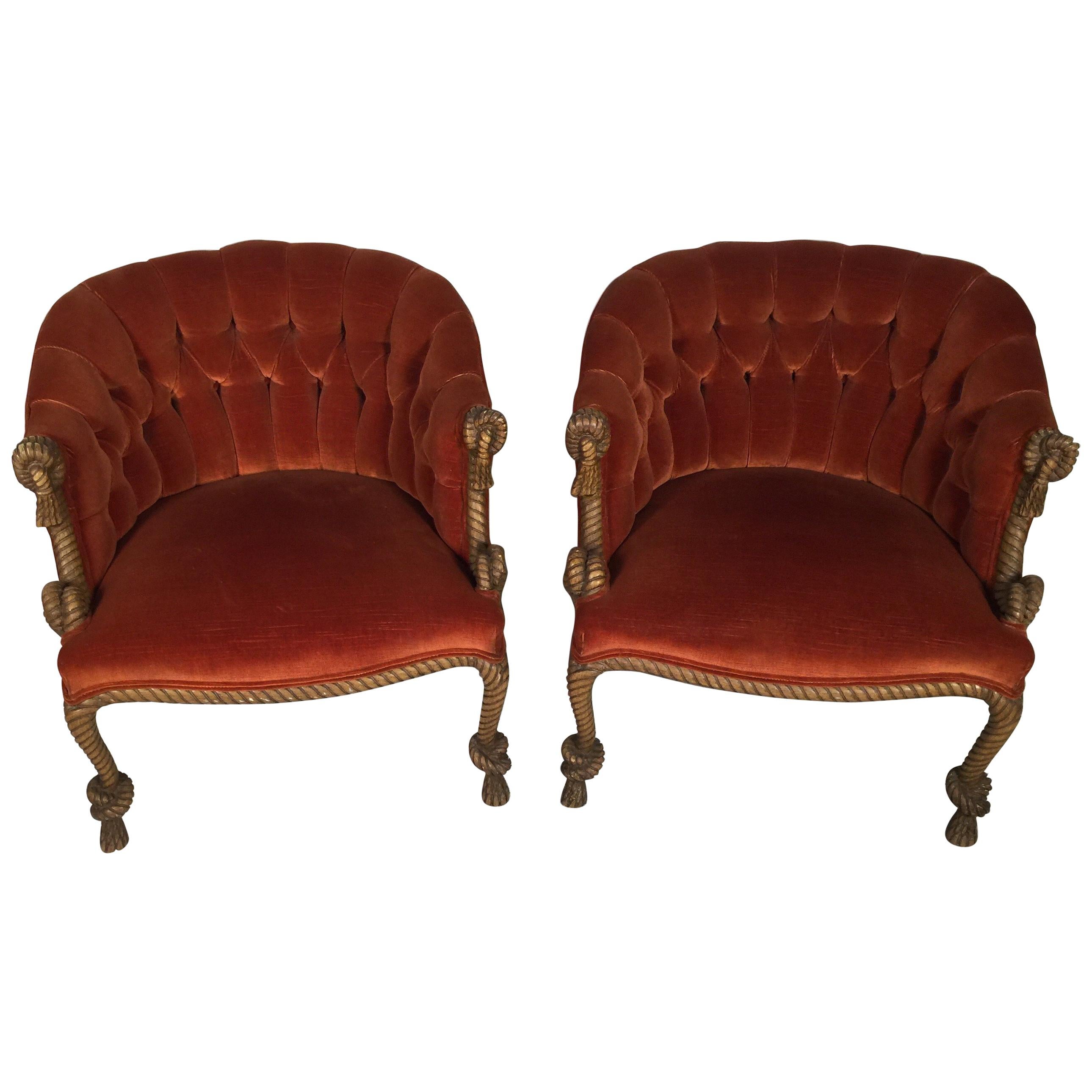 Glamours Pair of Italian Tufted Barrel Back Rope and Tassel Chairs