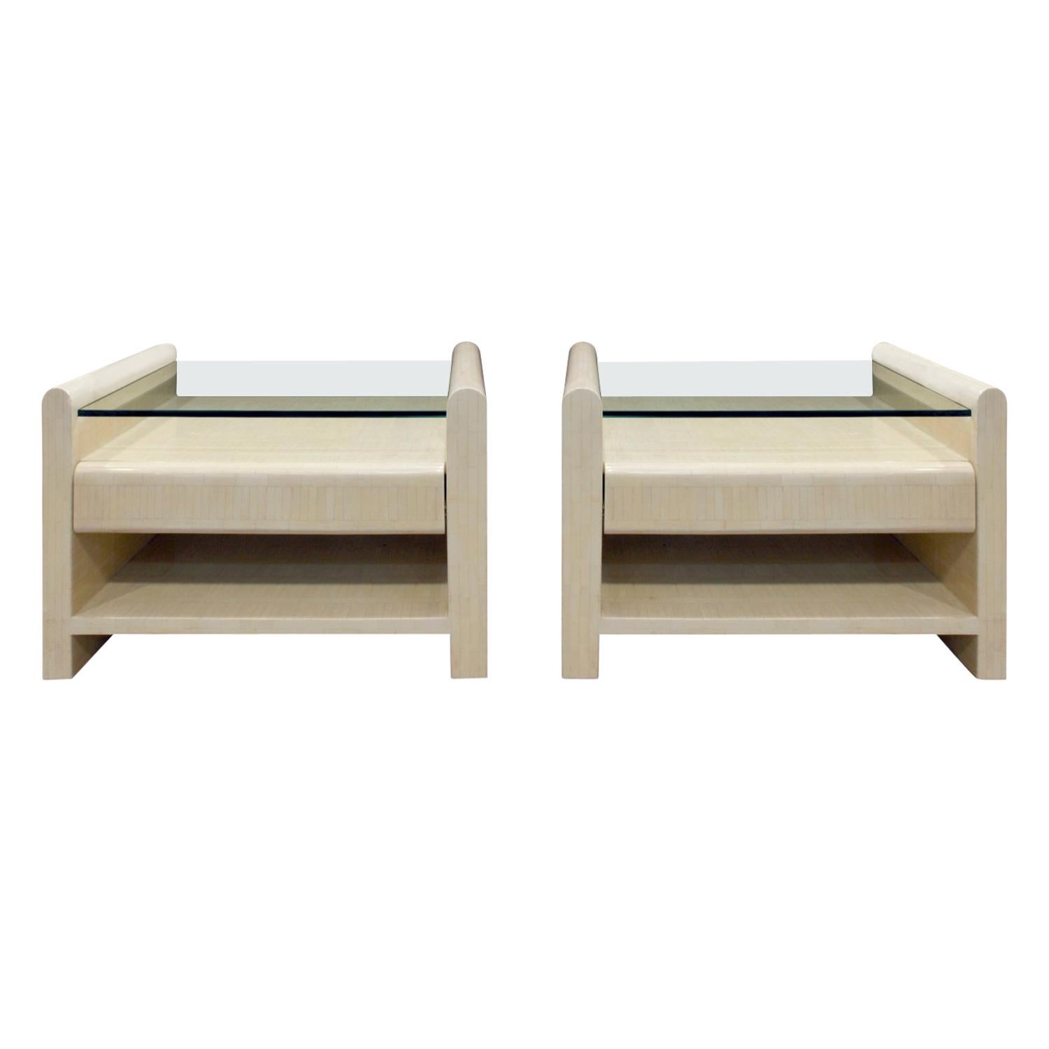 Pair of Bedside Tables in Lacquered Tesselated Bone, 1970s
