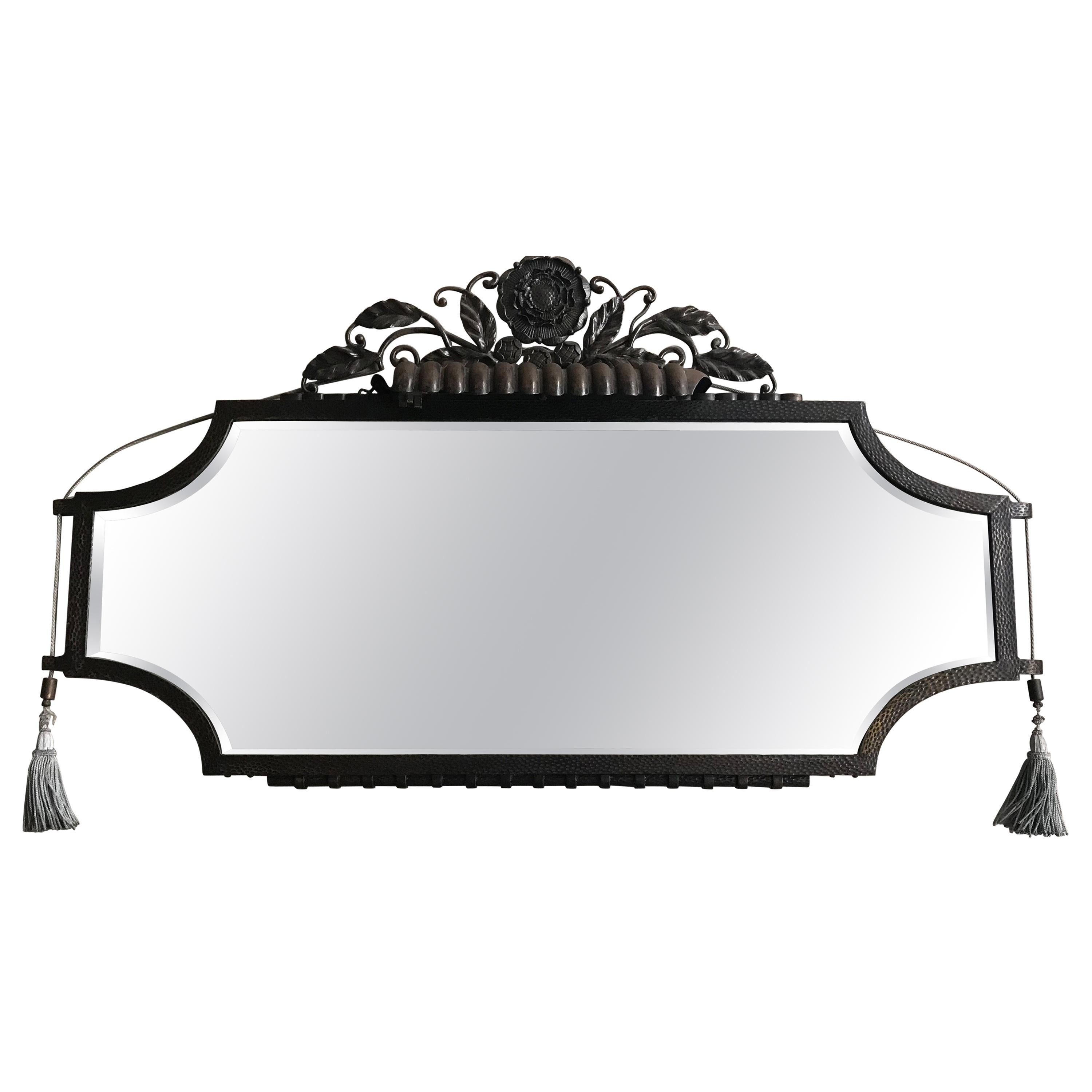 Large & Top Quality French Art Deco Wrought Iron Wall Mirror with Built-In Light