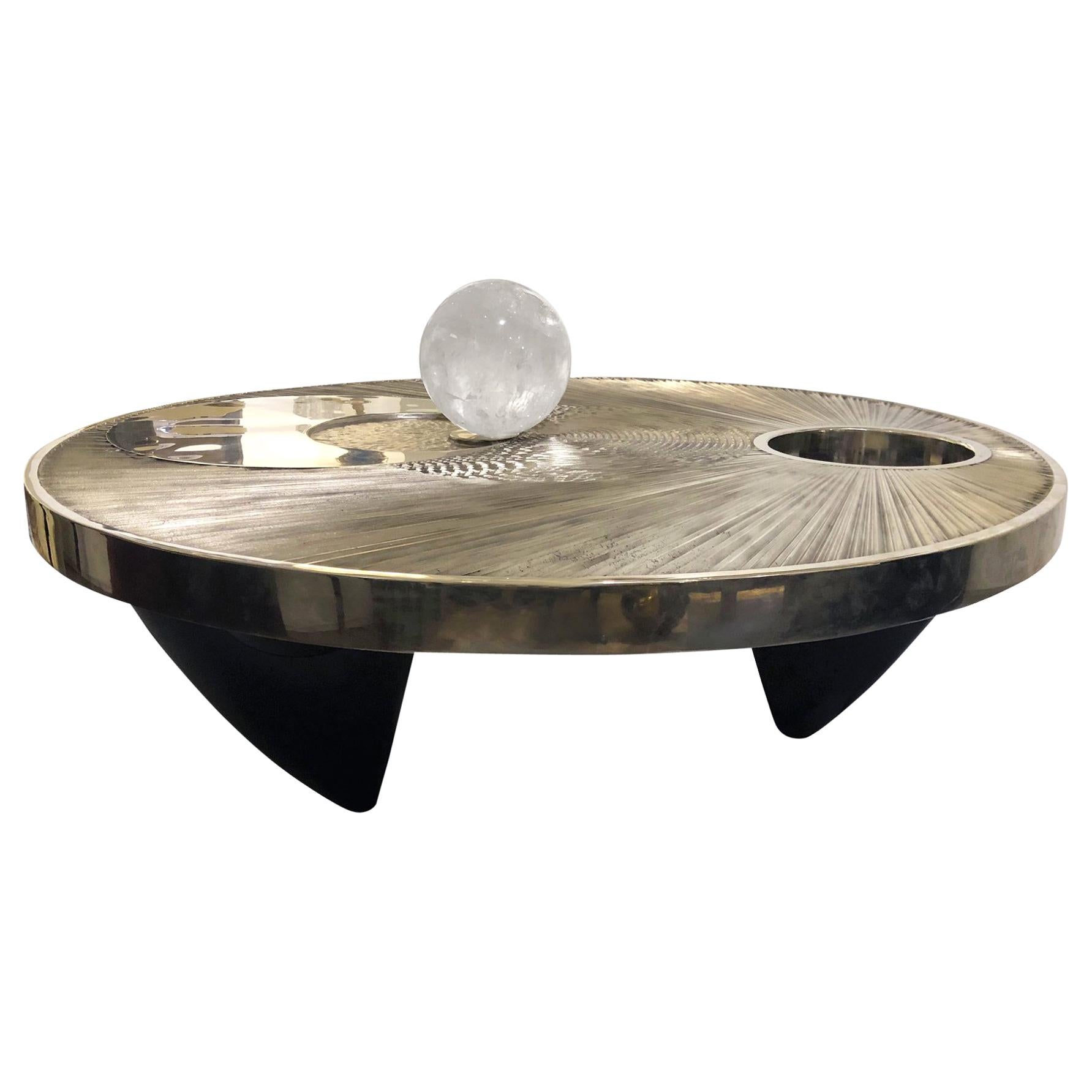 White Bronze Coffee Table with Rock Crystal Sphere "Il Bacio" For Sale