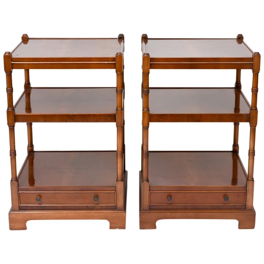 Pair of Burl Wood Three Shelves End or Side Tables