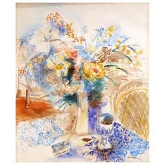 Still Life, Flowers in a Vase Watercolor by Jean Dufy, Signed 