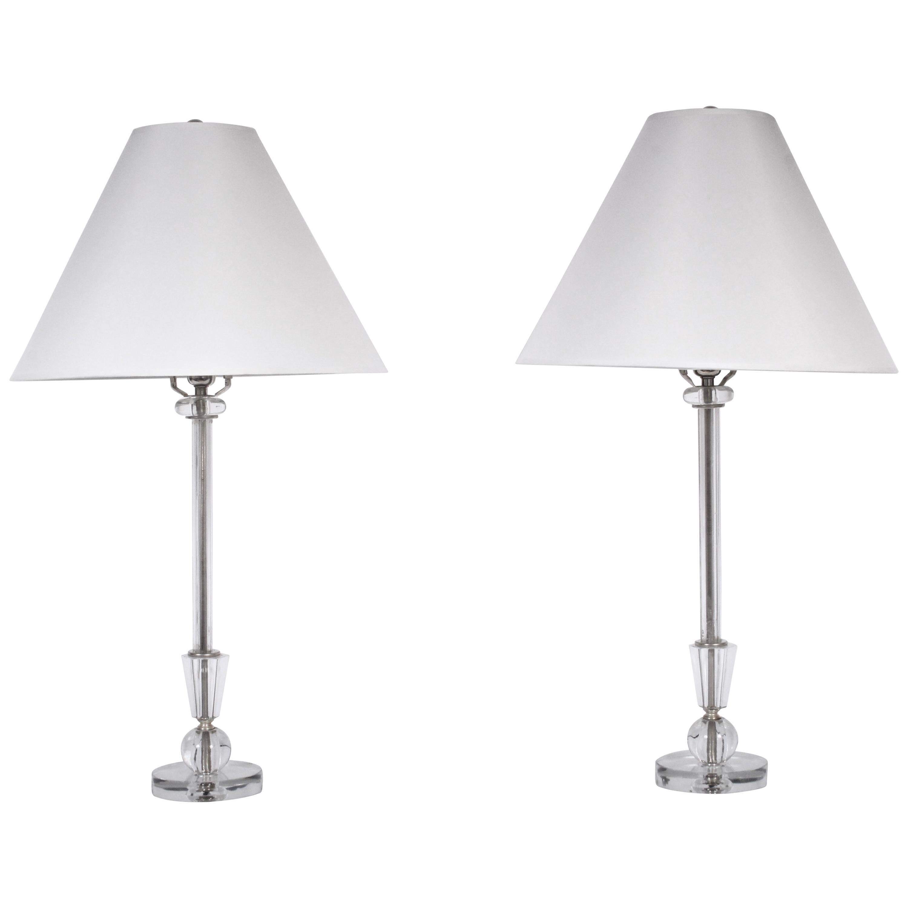 Pair Crystal Clear Candlestick Table Lamps with Crystal Ball Bases, 1940's 