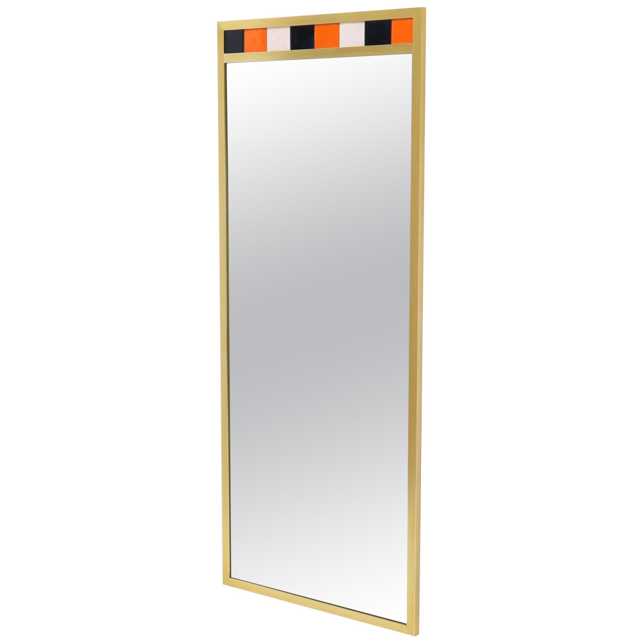 Tall Rectangular Brass and Colored Tiles Frame Wall Hanging Mirror For Sale