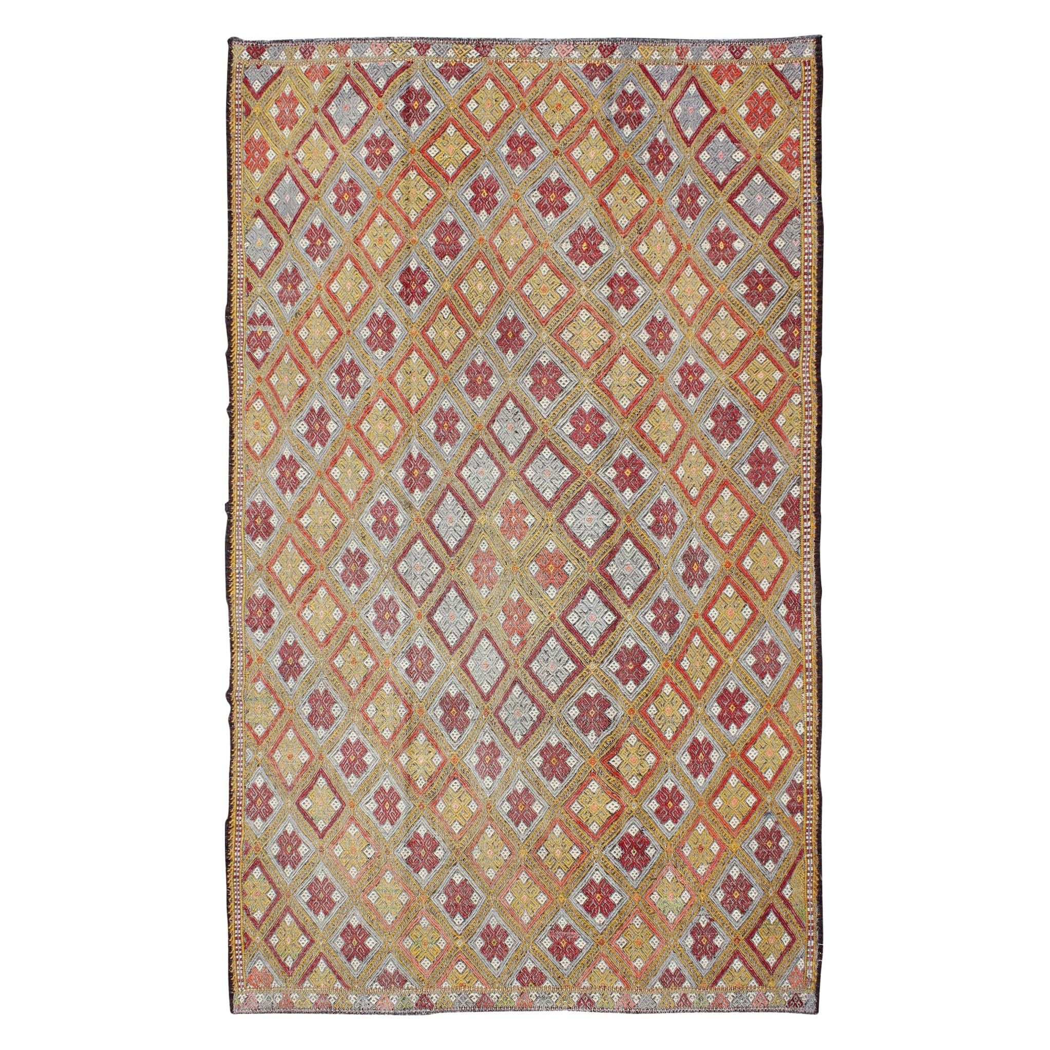 Colorful Vintage Turkish Flat-Weave Embroidered Kilim with Diamond Design