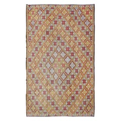 Colorful Vintage Turkish Flat-Weave Embroidered Kilim with Diamond Design