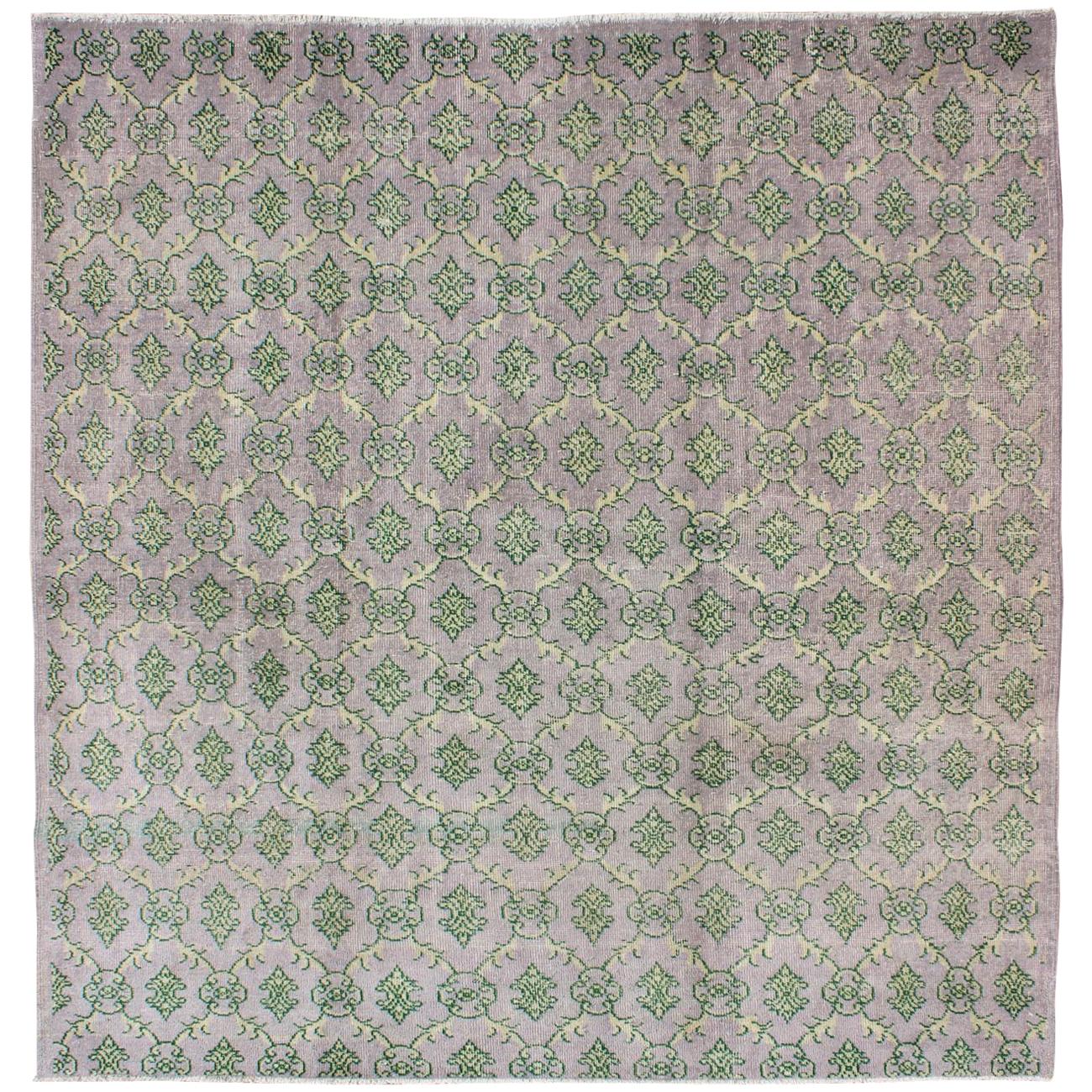 Gray/Lavender and Green Mid-Century Modern Vintage Turkish Square-Sized Rug