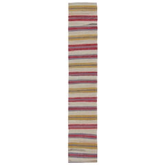Very Long Colorful Retro Turkish Flat-Weave Runner with Dynamic Stripe Design