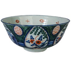 Antique Bol à punch Delft Hollandais avec fond vert 18ème siècle