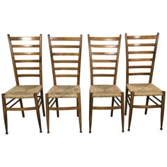 Set of Four Midcentury Beech Ladder Back Dining Chairs in the Style of Gio Ponti