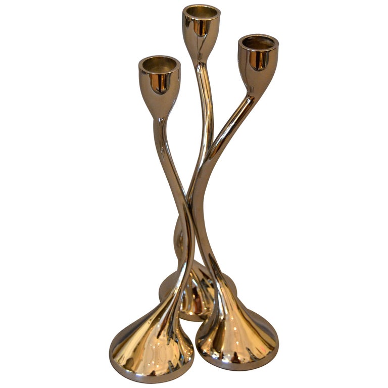 3 Modern Silver Chrome Taper Candlestick Holders Intertwined For Sale