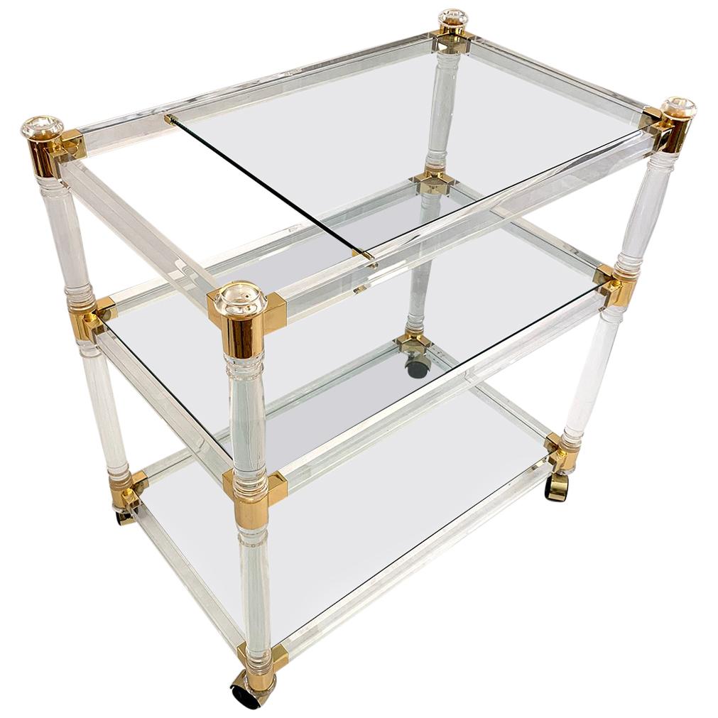 Brass and Lucite Bar Cart or Trolley with Glass Top For Sale