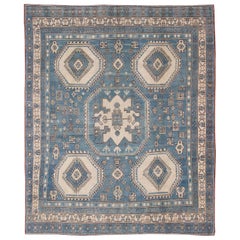 Blue and Cream Vintage Turkish Oushak Rug with Hooked Medallion Design