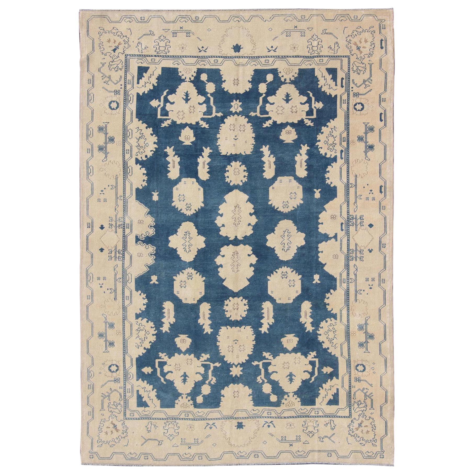 Vintage Turkish Oushak Rug with All-Over Design in Royal Blue and Ivory For Sale
