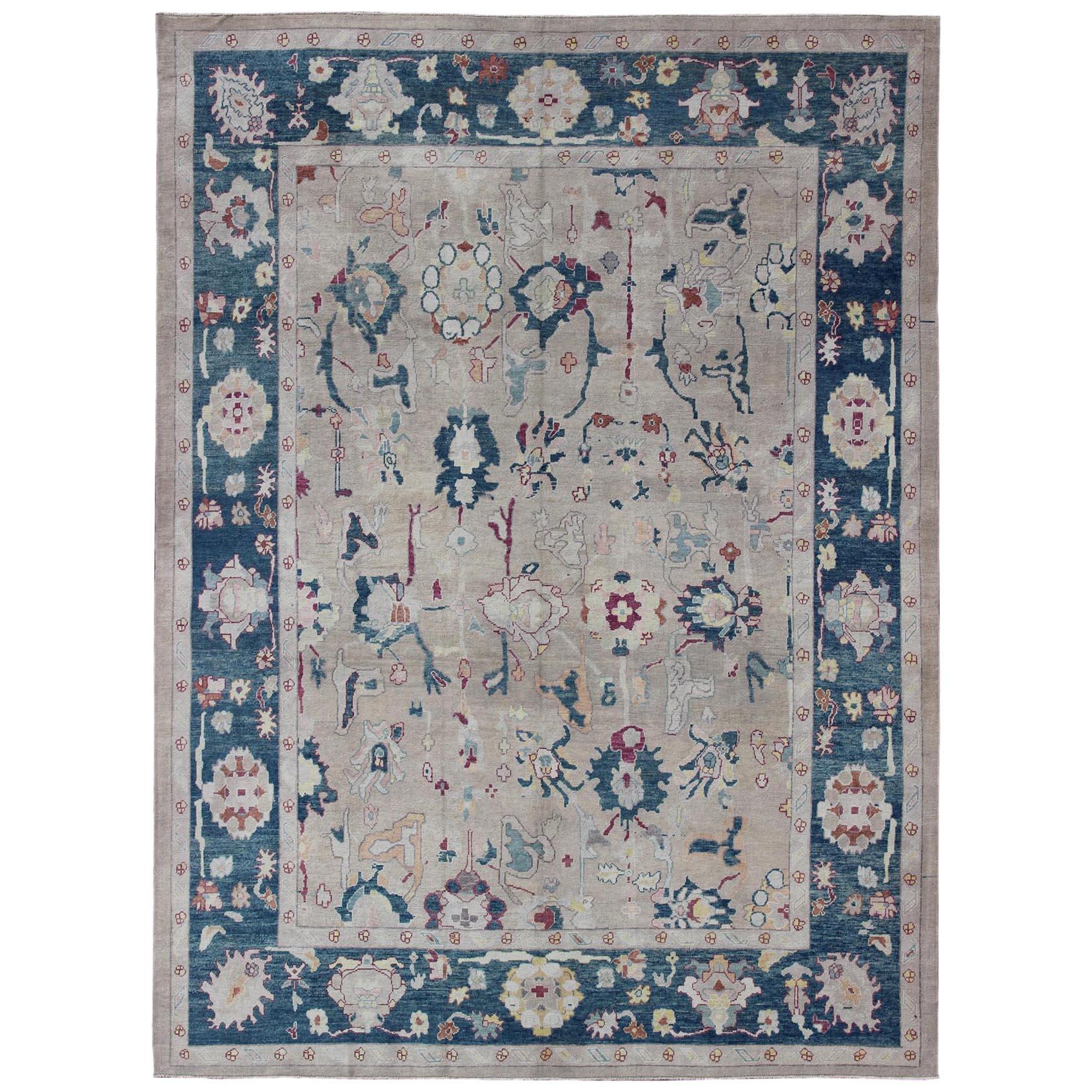 All-Over Design Royal Blue and Gray with Hints of Red Turkish Oushak Rug For Sale