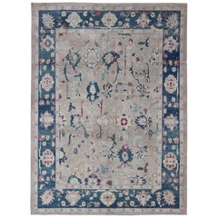 Alfombra turca Oushak de diseño integral azul real y gris con toques rojos