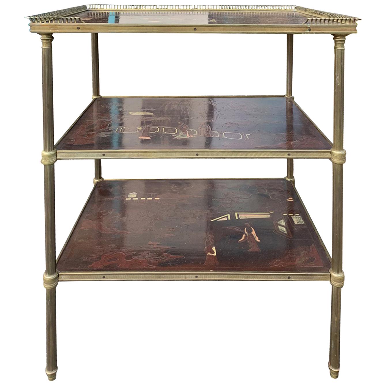 20th Century French Three-Tier Chinoiserie Table, Bronze Gallery