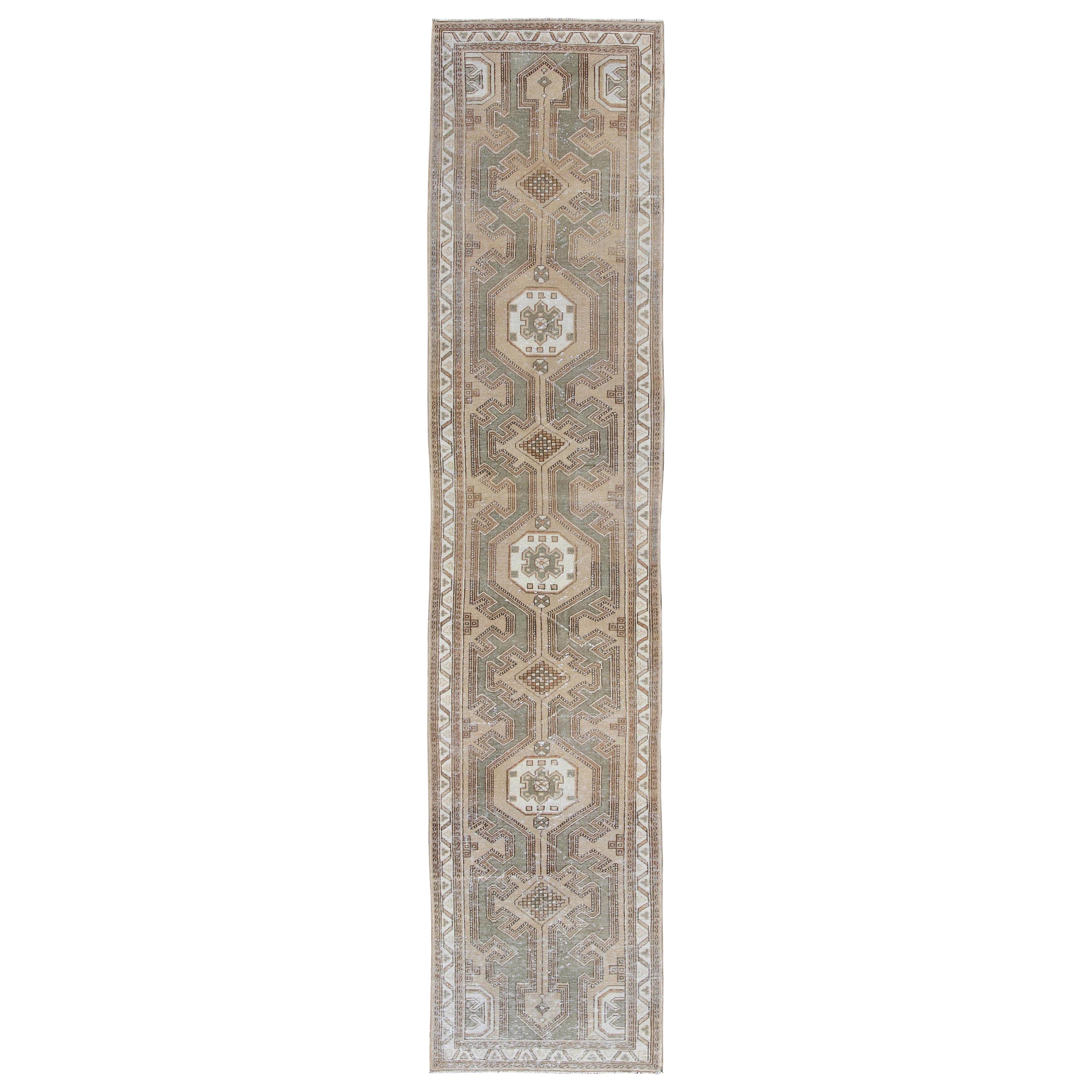 Earth-Tone Antique Persian Serab Runner with Geometric-Style Medallions For Sale