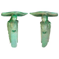 Pair of Early 20th Century French Painted Green Parrot Brackets, circa 1920s