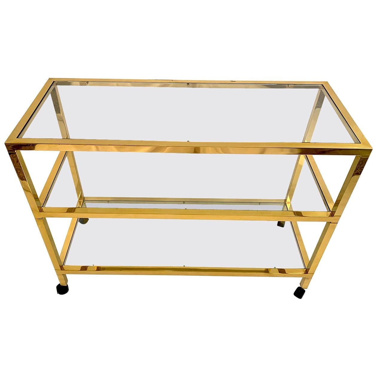 Three-Tier Glass and Brass Drinks Cart For Sale