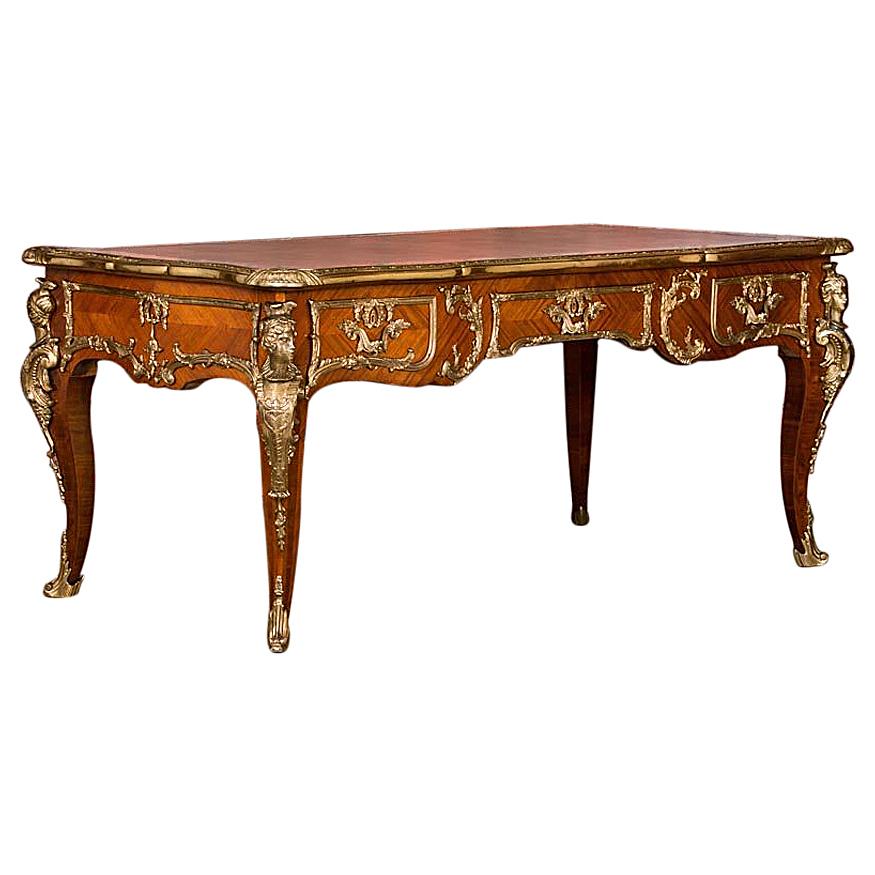 Ornate 20th Century French Louis XV Leather Top Bureau Plat Desk