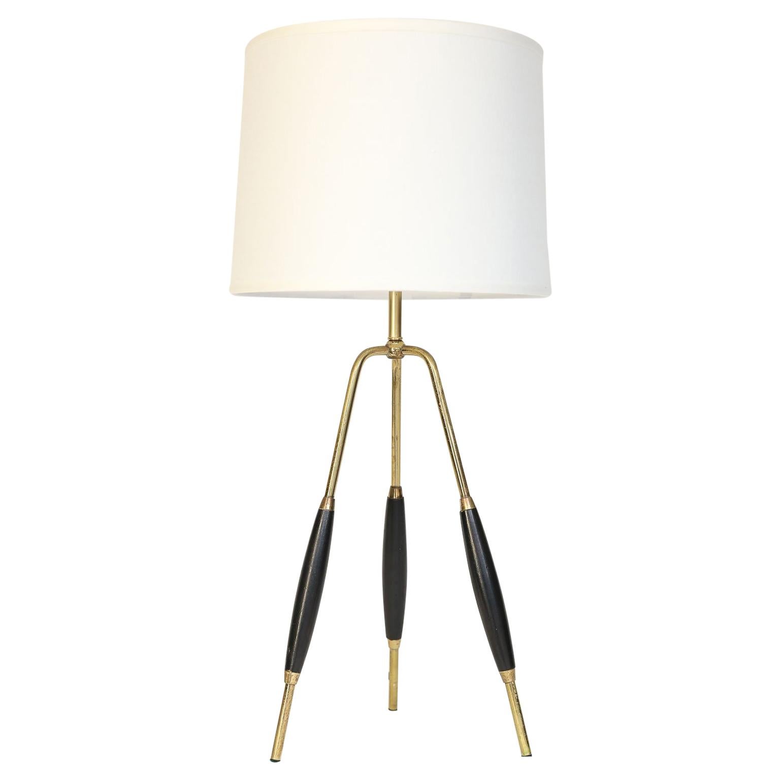Mid-Century Modern Brass and Wood Tripod Table Lamp