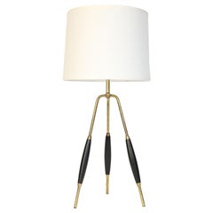 Mid-Century Modern Brass and Wood Tripod Table Lamp