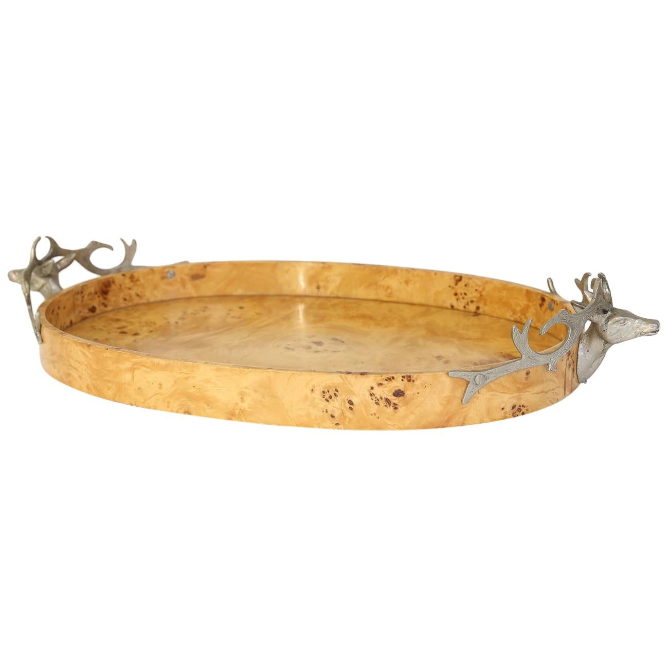 Burl Wood Tray with Stag Head Handles