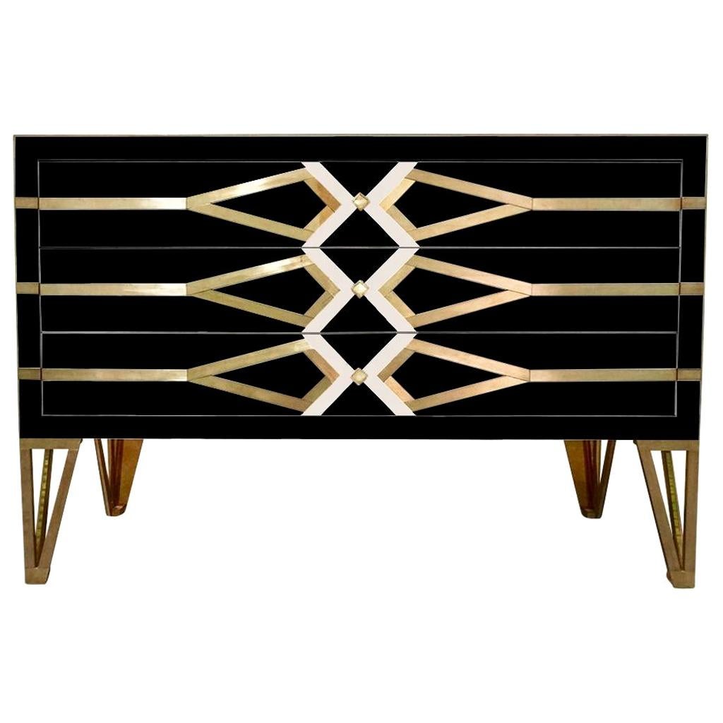 Bespoke Cosulich Creation Gold Brass and Black Three-Drawer Chest or Sideboard