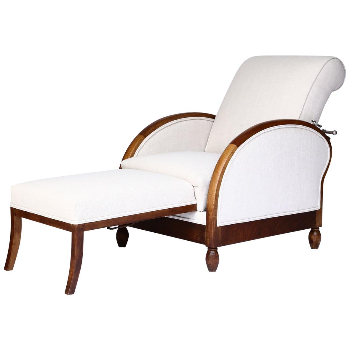 French Deco Reclining Club Chair, circa 1915, Newly Upholstered