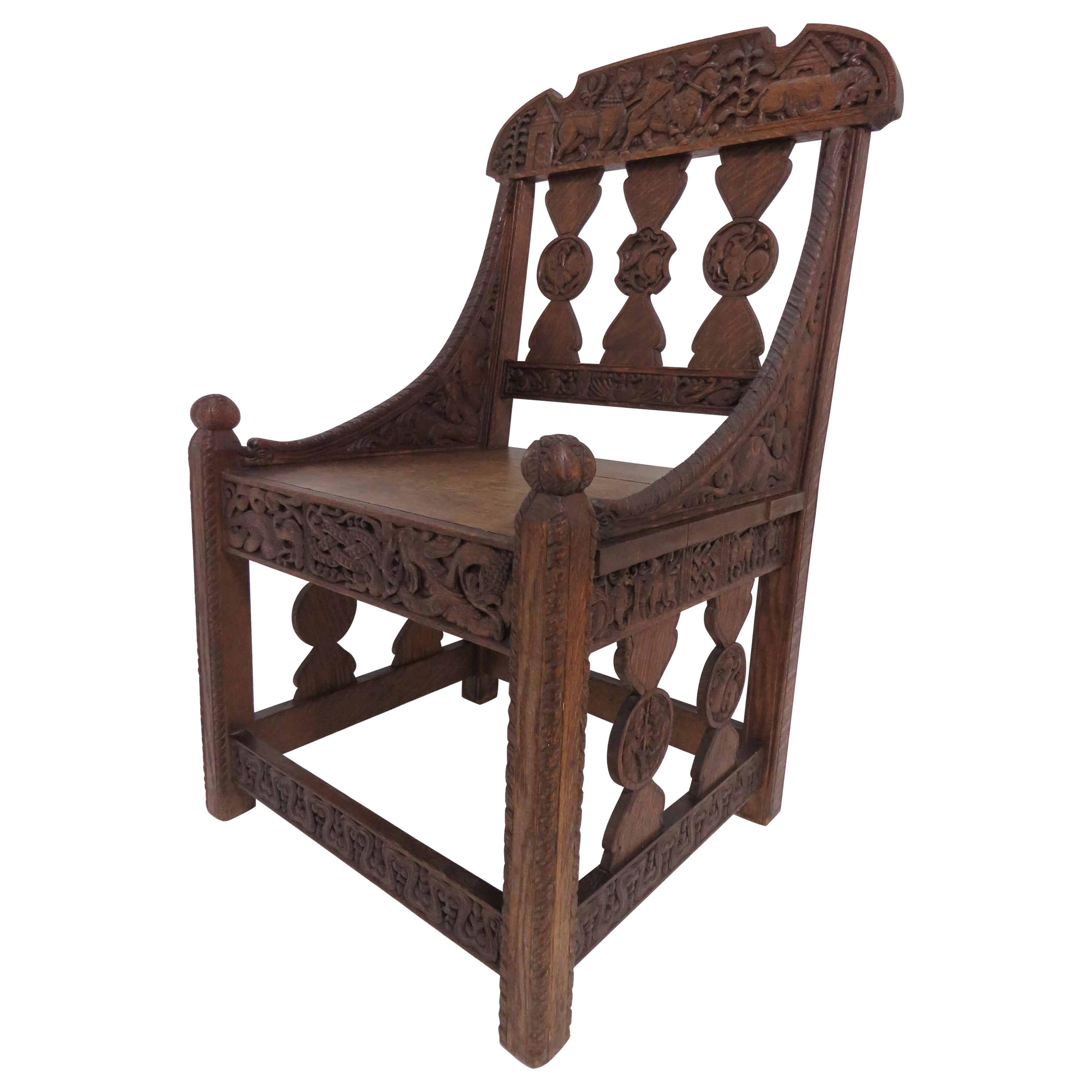 Hand Carved Arts & Crafts Gothic Revival Chair Signed and Dated 1903