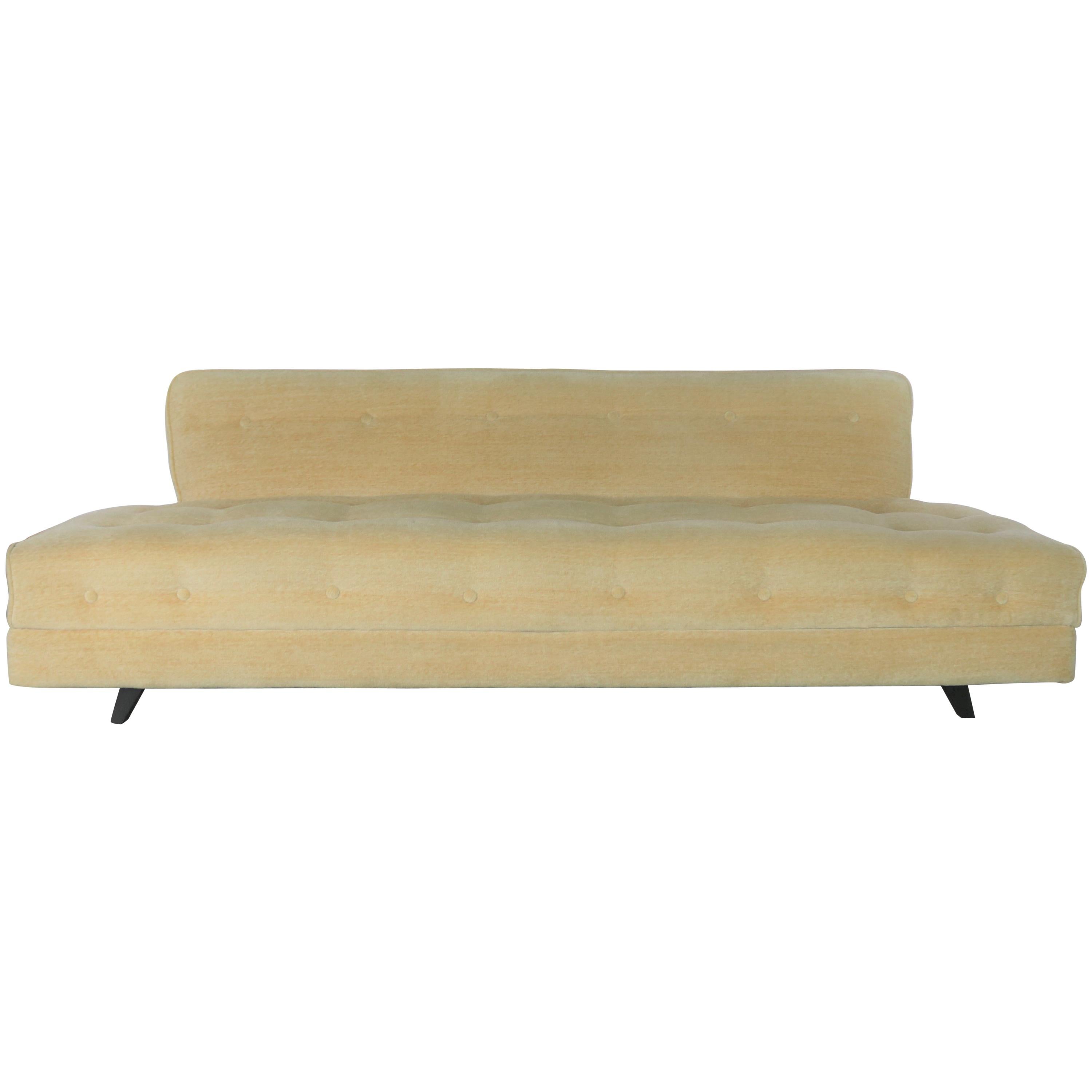 Mid-Century Modern Convertible Sofa Bed Button Detail in Oatmeal Colored Mohair