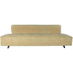 Vintage Mid-Century Modern Convertible Sofa Bed Button Detail in Oatmeal Colored Mohair