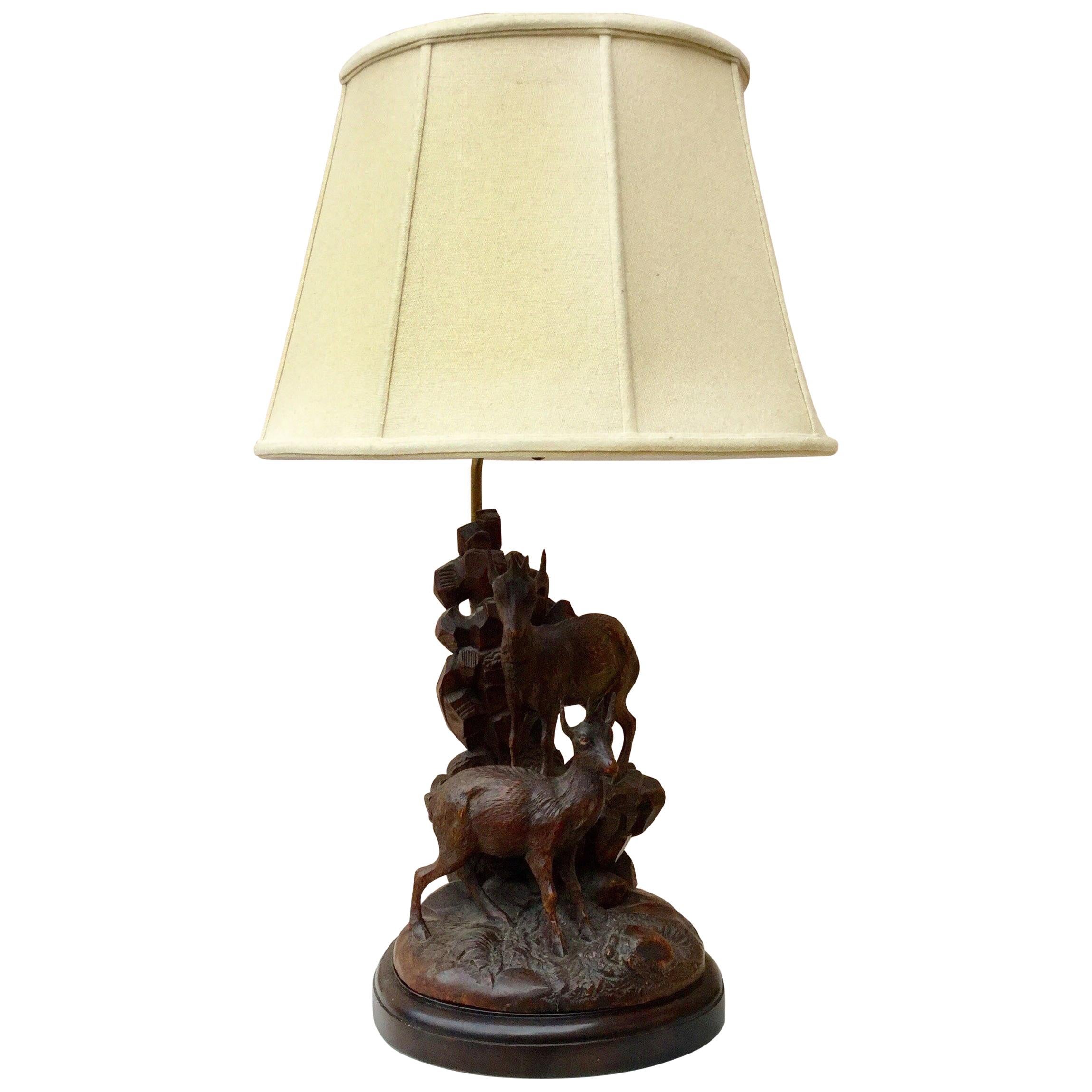 Grande lampe de la Forêt-Noire représentant des chèvres de montagne, circa 1880