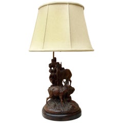 Antique Large Black Forest Lamp Mountain Goats, circa 1880