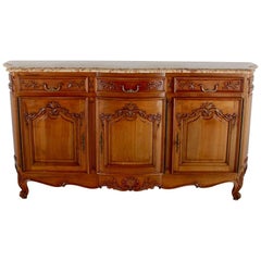 French Carved Cherry Marble Top Louis XV-Style Sideboard Buffet