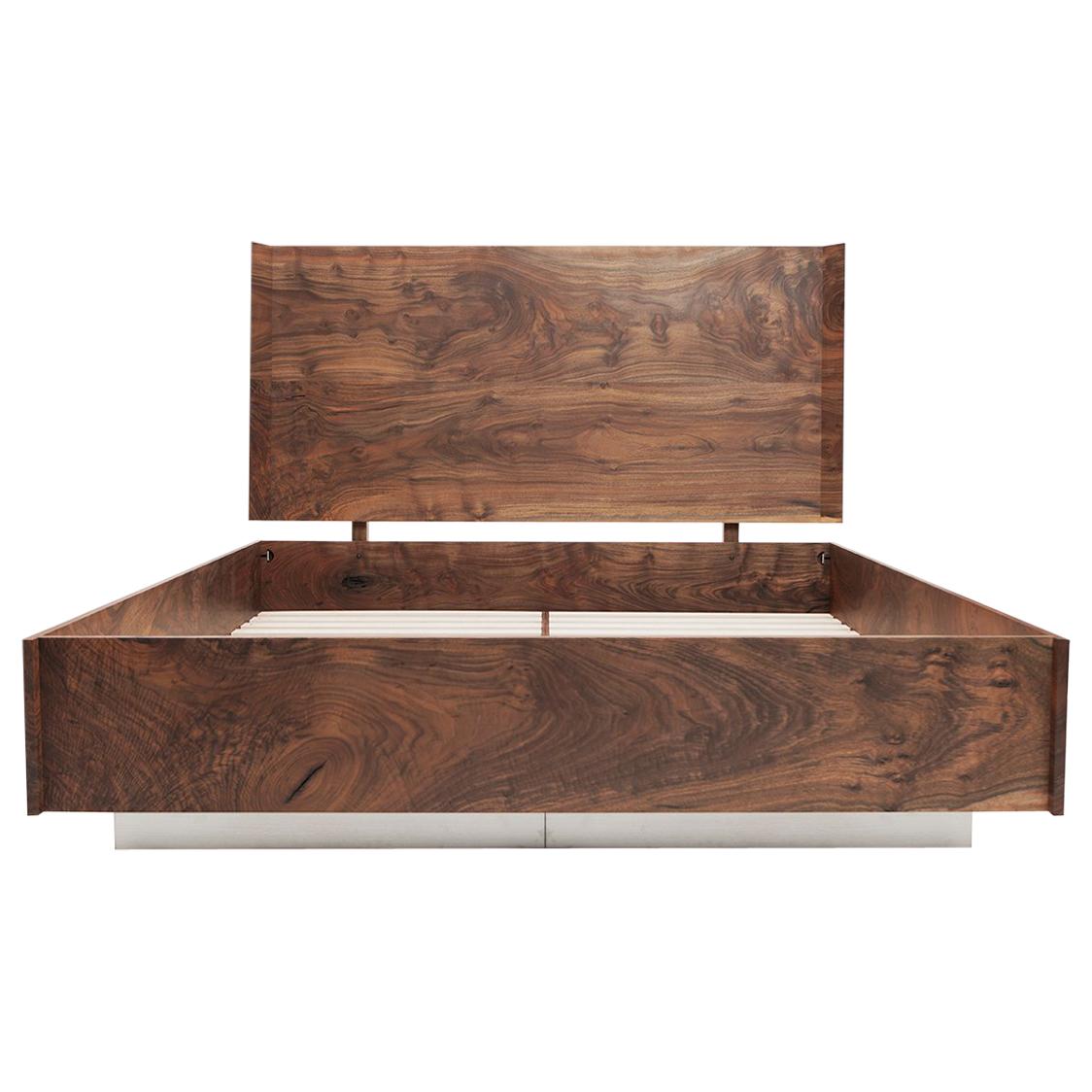 Modern Solid Claro Walnut and Stainless Steel King Sized Shear Bed  For Sale