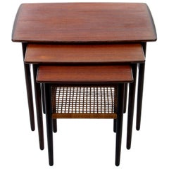 Teak & Rosewood Nest of Tables with Raised Lip, Rosewood Legs & Woven Cane 1950s
