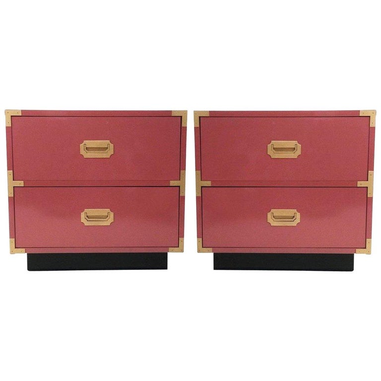Beautiful Pair of Pink Lacquered Campaign Style Nightstands at 1stDibs