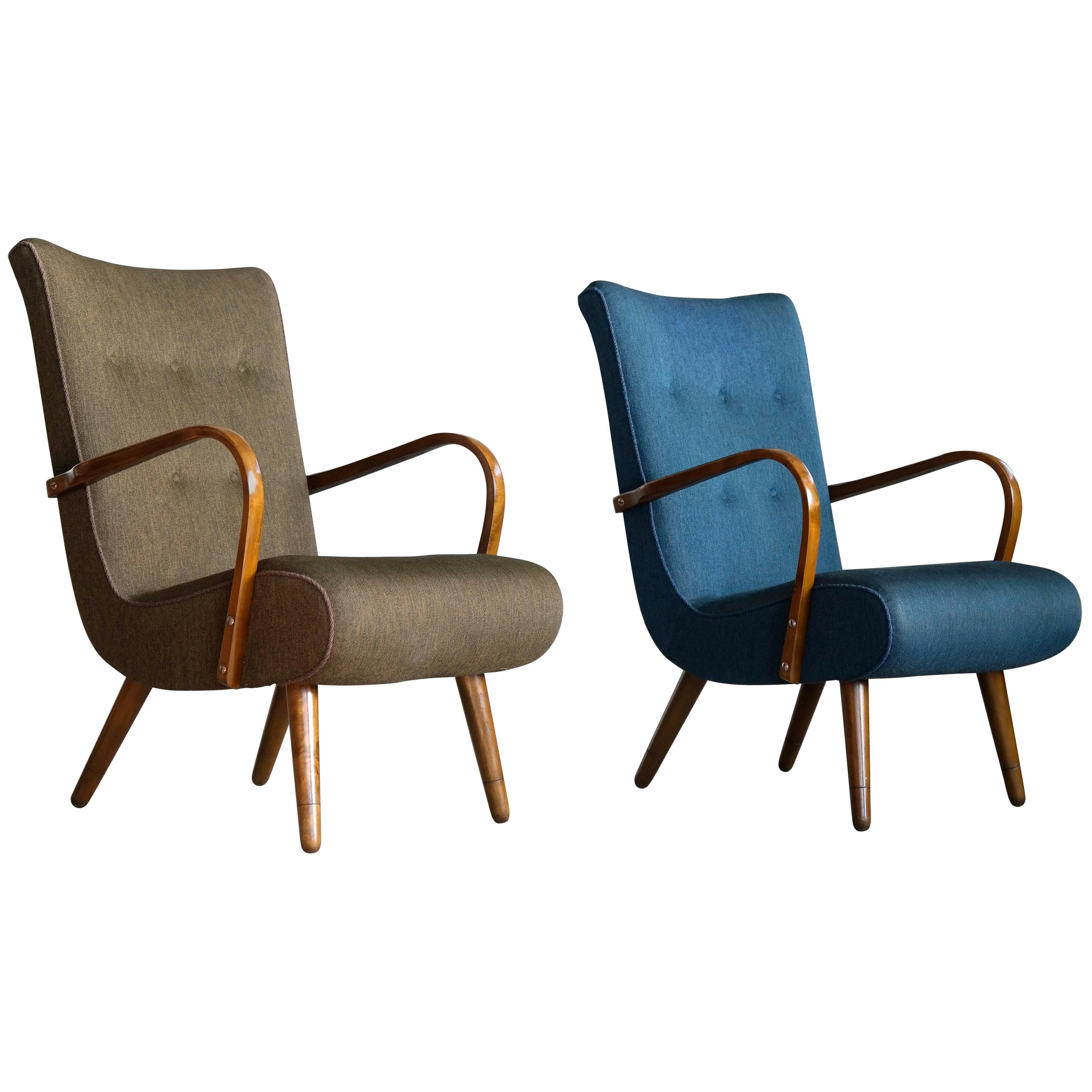 Pair of Danish 1950s Sculptural Lounge Chairs with Curved Wooden Armrests