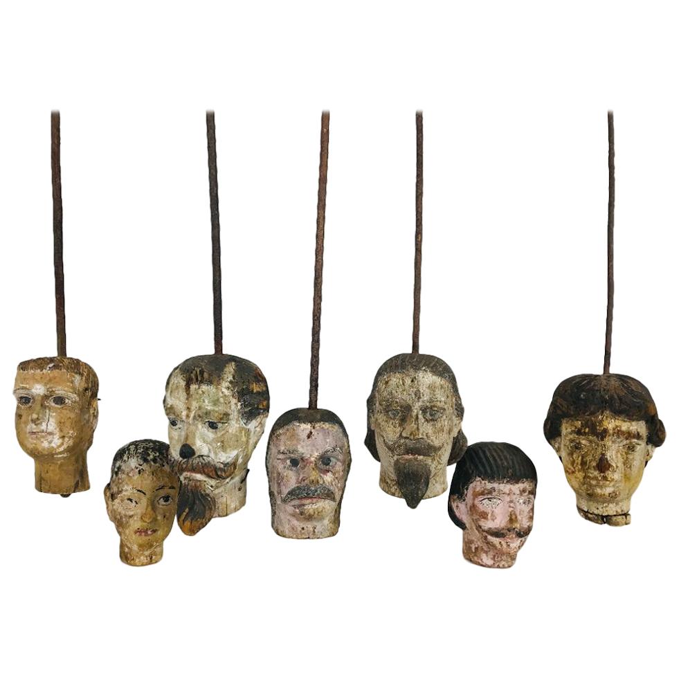 Lot of 7 Hand Painted Hand Carved 18th Century French Marionette Wooden Heads