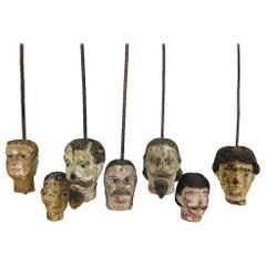 Lot of 7 Hand Painted Hand Carved 18th Century French Marionette Wooden Heads