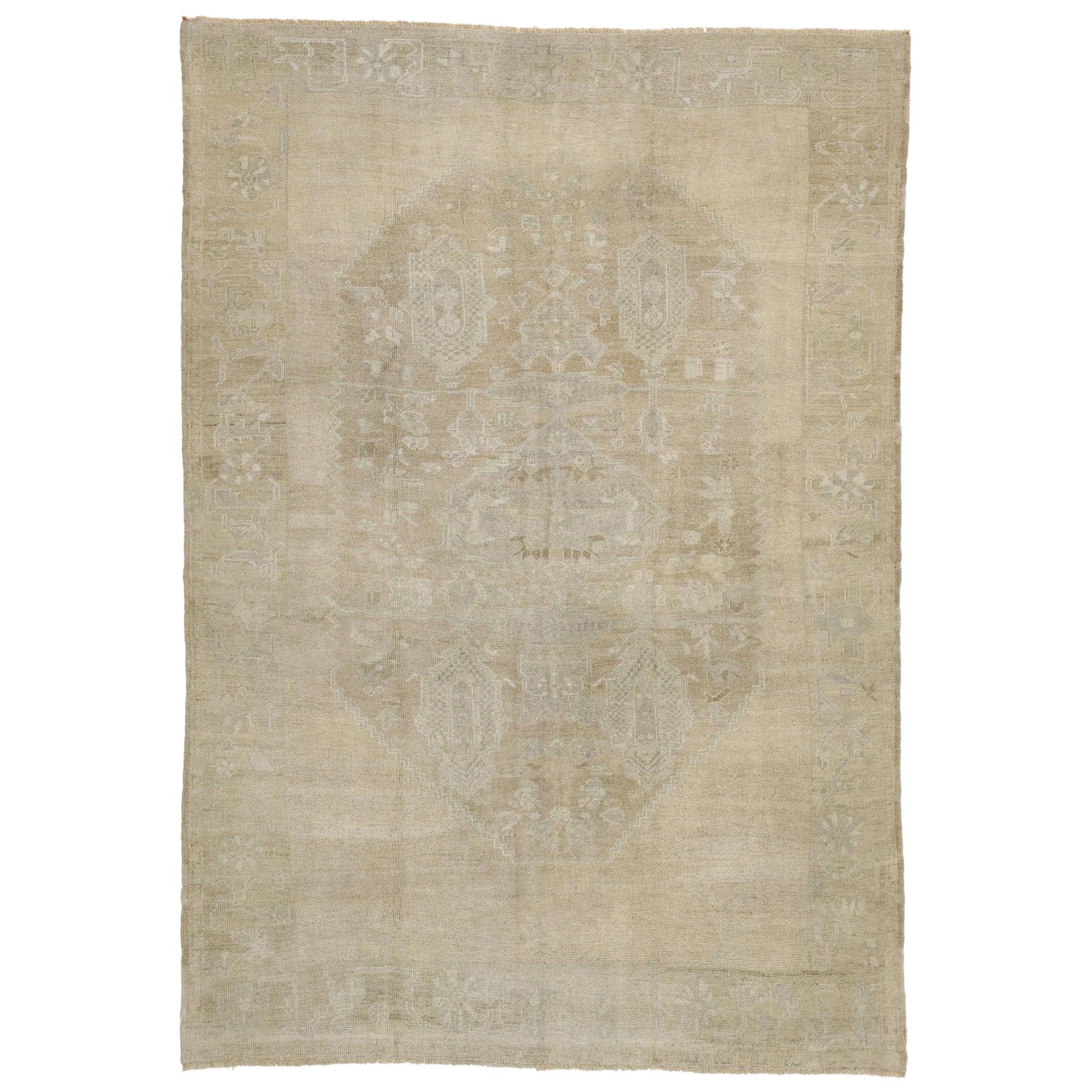 Vintage Turkish Oushak Rug with Rustic Chinoiserie Style and Muted Colors For Sale