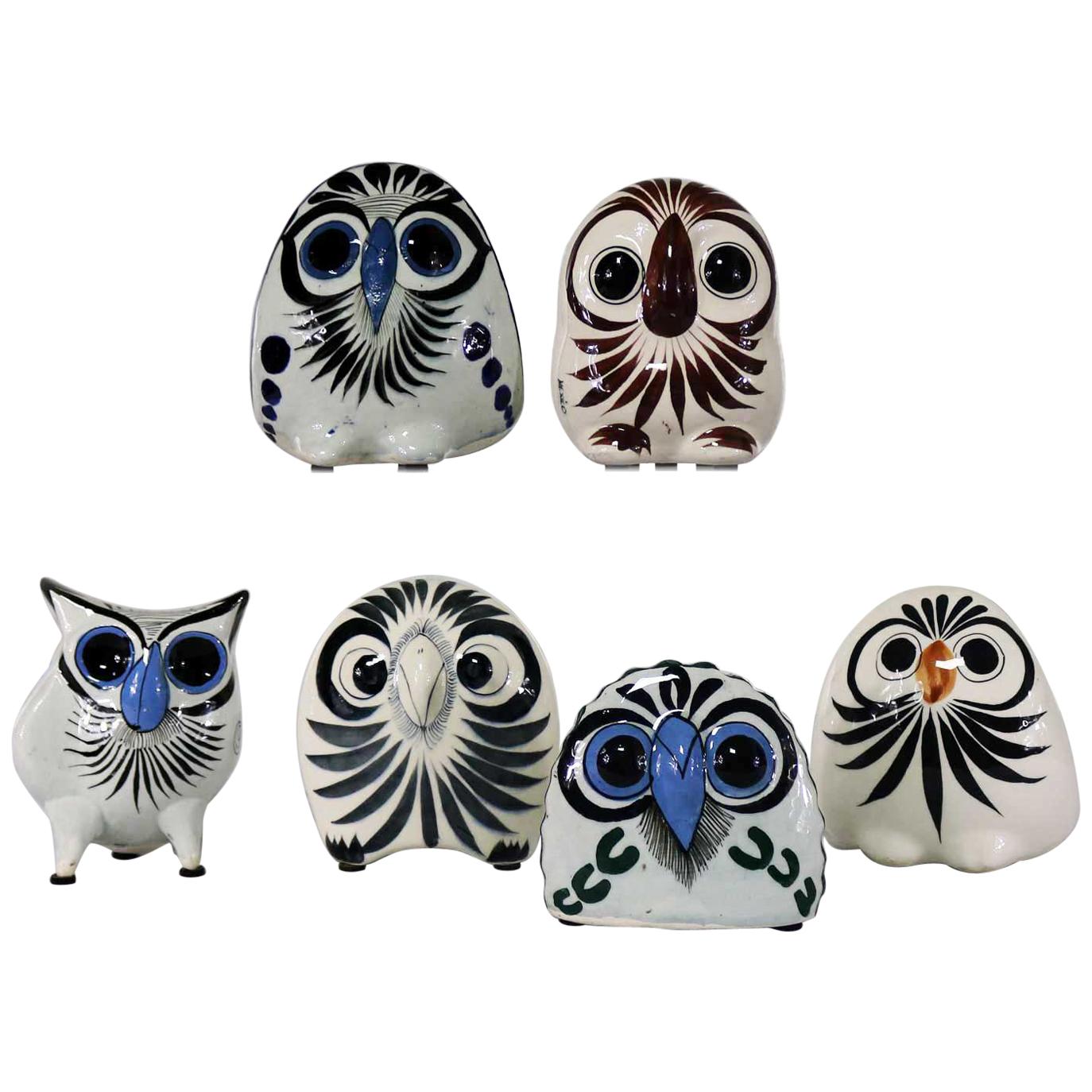 Vintage Tonala Pottery Owls Hand Painted and Made in Mexico Collection of Six