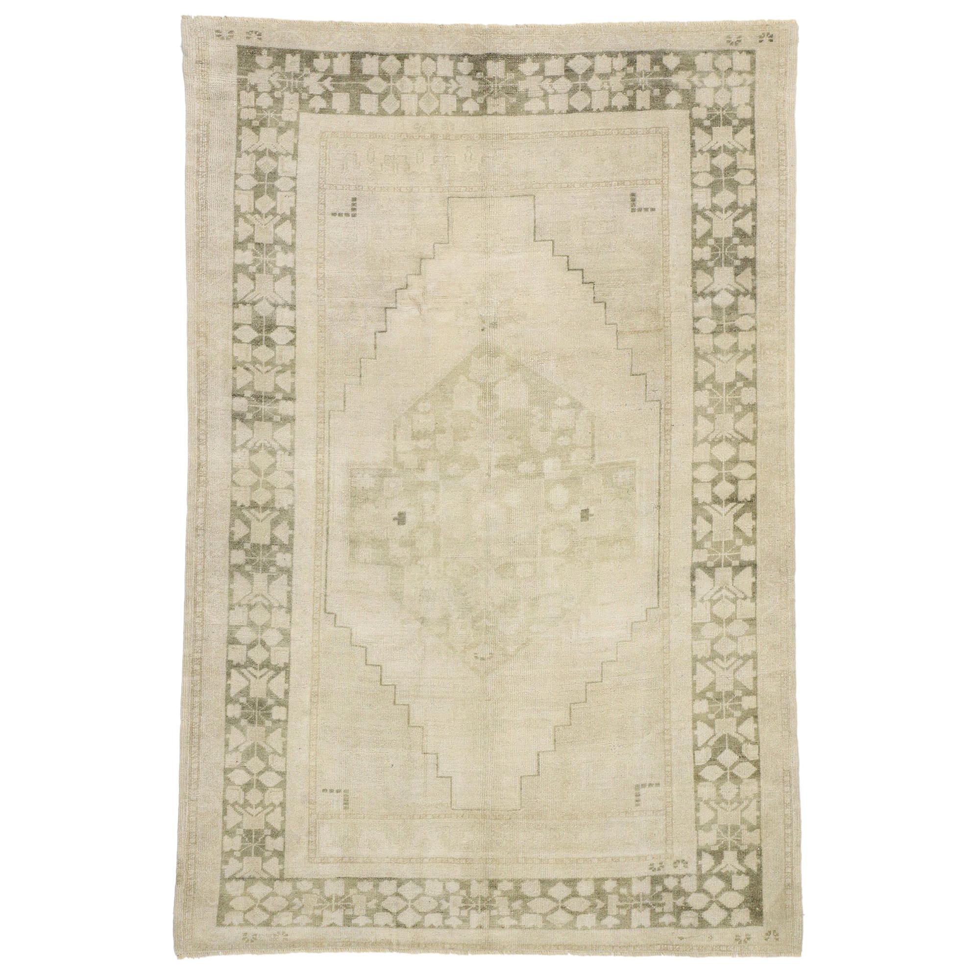 Vintage Turkish Oushak Rug with Mission Style and Faded, Neutral Colors